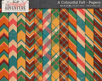 Fall Scrapbook Paper, Printable Letter Size Papers, Colorful Backgrounds, Chevron, Plaid, Stripes, Instant Download, Digital Scrapbooking