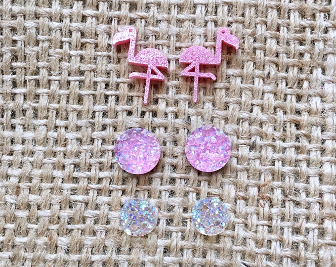 Flamingo Stud Set, Laser Cut Studs, Acrylic Earring Set, Flamingo Earrings, Faux Druzy Studs, Tropical Earring Set, Kitsch Earring Set