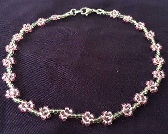 Anklet, Daisy Chain Anklet, Pink and Pale Green Flower Anklet