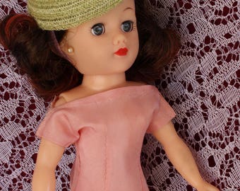 Vintage doll hat, classic 1950's Beehive hat in muted olive green with yellow bow for your 10.5" fashion dolls and 8" dolls~ Fits Ginny too!