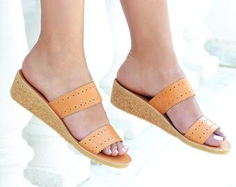 Wedges sandals, Sandals, Leather sandals women, Tan leather sandals, Brown sandals, Leather slides, Greek sandals, MIRANDA Wedge