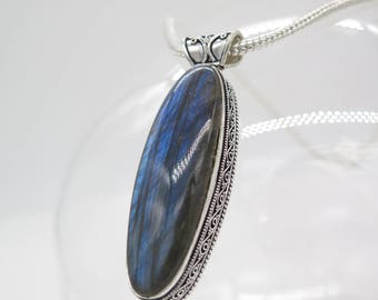 Large Blue Fire Labradorite Sterling Silver Pendant and Chain