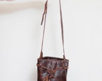Vintage 1970's Brown Leather Drawstring Bucket Bag