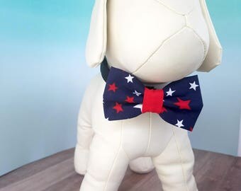 Patriotic Dog Bow Tie American Flag Red White Blue Stars, Dogs Collar Bow for July 4th Independence Day, July Fourth Holiday Dress Up Bowtie
