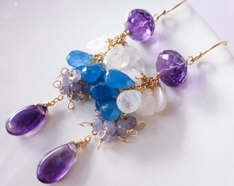 Purple Amethyst Earrings, Rainbow Moonstone Earring, Purple Bridal Earrings Gemstone Earring Gold Filled Cluster Earrings Statement Earrings