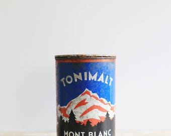 Vintage Tonimalt tin box - Round tin box from French brand Mont Blanc - Red and blue vintage box - Vintage chocolate drink packaging