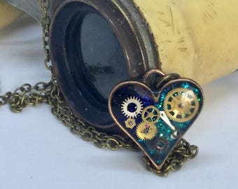 Timeless small blue steampunk heart pendant