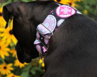 Pink and Black martingale dog collar, buckle dog collar, wide dog collar, thick collar, 2 inch dog collar, greyhound collar, big dog collar