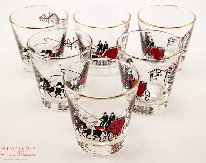 Vintage Libbey Stagecoach Carriage Glasses| MCM Old Fashioned 6 oz. Glasses | Set Of 6