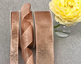 Rose Gold Wired Ribbon - Metallic Mesh Lame - 1 1/2" 1" 5/8" in 1m 3m 5m - Floral Bouquets - Wedding - Invitations - Rose Gold Christmas