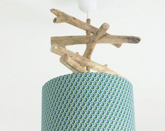 Chandelier Lampshade - peacock feathers Driftwood cylinder 28 cm - cylindrical pendant - round ceiling light