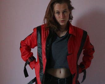 Vintage Michael Jackson Thriller Bad Video Clip Film Original Red Black Jacket Real Leather for Unisex