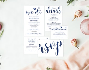Navy wedding invitation set, Boho wedding invites, Editable pdf invitation, Editable wedding invitation, We do invites, Navy wedding suite