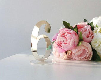 Mirror Acrylic Table Numbers.Silver Mirror Table Numbers. Table Numbers with base.Wedding Decor.