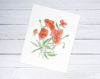 Red poppy floral art 8x10 | Flower wall art | Watercolor flowers | Floral art | Flower drawing | Original art | Original artwork|Red poppies