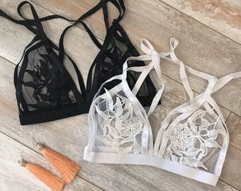 Floral Mesh Cage Lace BRALETTE - many colors, cage bra bralettes lace bra strappy bralette