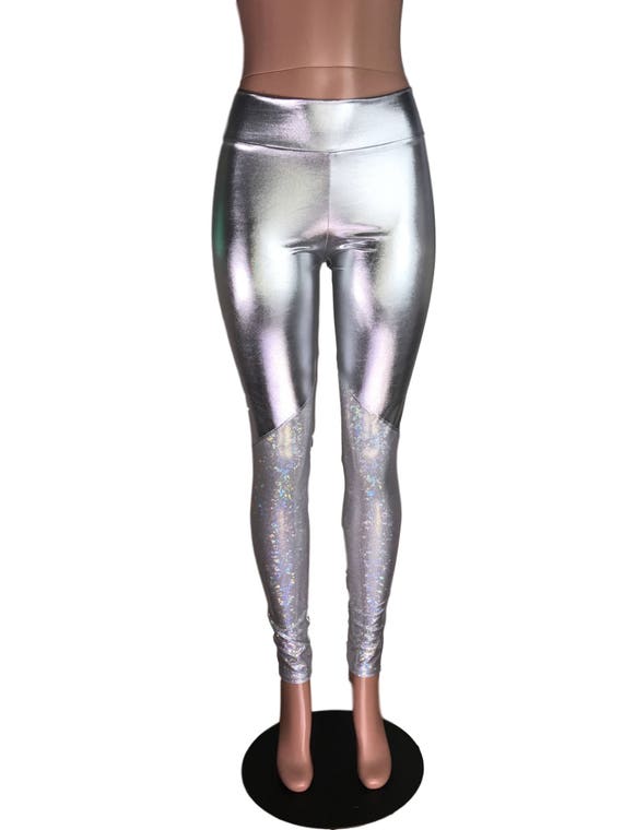 Metallic Silver and Shattered Glass Mid-Rise Leggings Pants