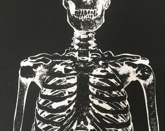 Skeleton fabric panel, Halloween fabric, black white, glow in dark, wall hanging, scary fabric, skeleton hanging, luminous fabric