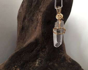 Clear Quartz Gold Wire Wrap Crystal Necklace