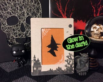 Glow in the Dark, Witch with Webs - Halloween Cross Stitch Pattern