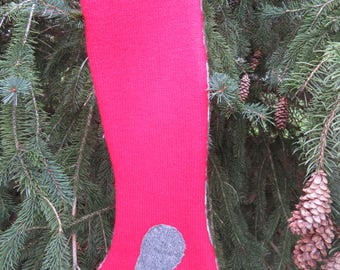 100% felted wool Christmas stocking upcycled sweater red/gray mitten applique