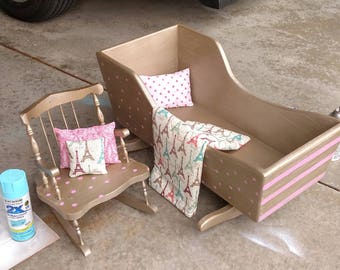 Wooden doll bed, chair, and bedding