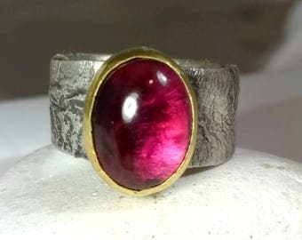Pink Tourmaline Ring, Solitaire Ring, silver and 22 kt gold gemstone ring, Contemporary 5.3 carat Tourmaline statement ring