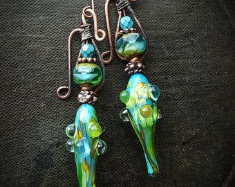 Lampwork Glass, Lampwork Headpins, Czech Glass, Copper, Organic, Rustic, Earthy, Artisan Made, Beaded Earrings