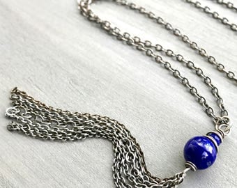 Long Lapis Tassel Necklace, Silver Chain Tassel Necklace, Layered and Long, Lapis Jewelry, Boho Layering, Bohemian Tassel Jewelry