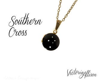 Southern Cross Constellation Necklace, Tiny Vintage Locket - Hand Painted - Brass Chain, Celestial