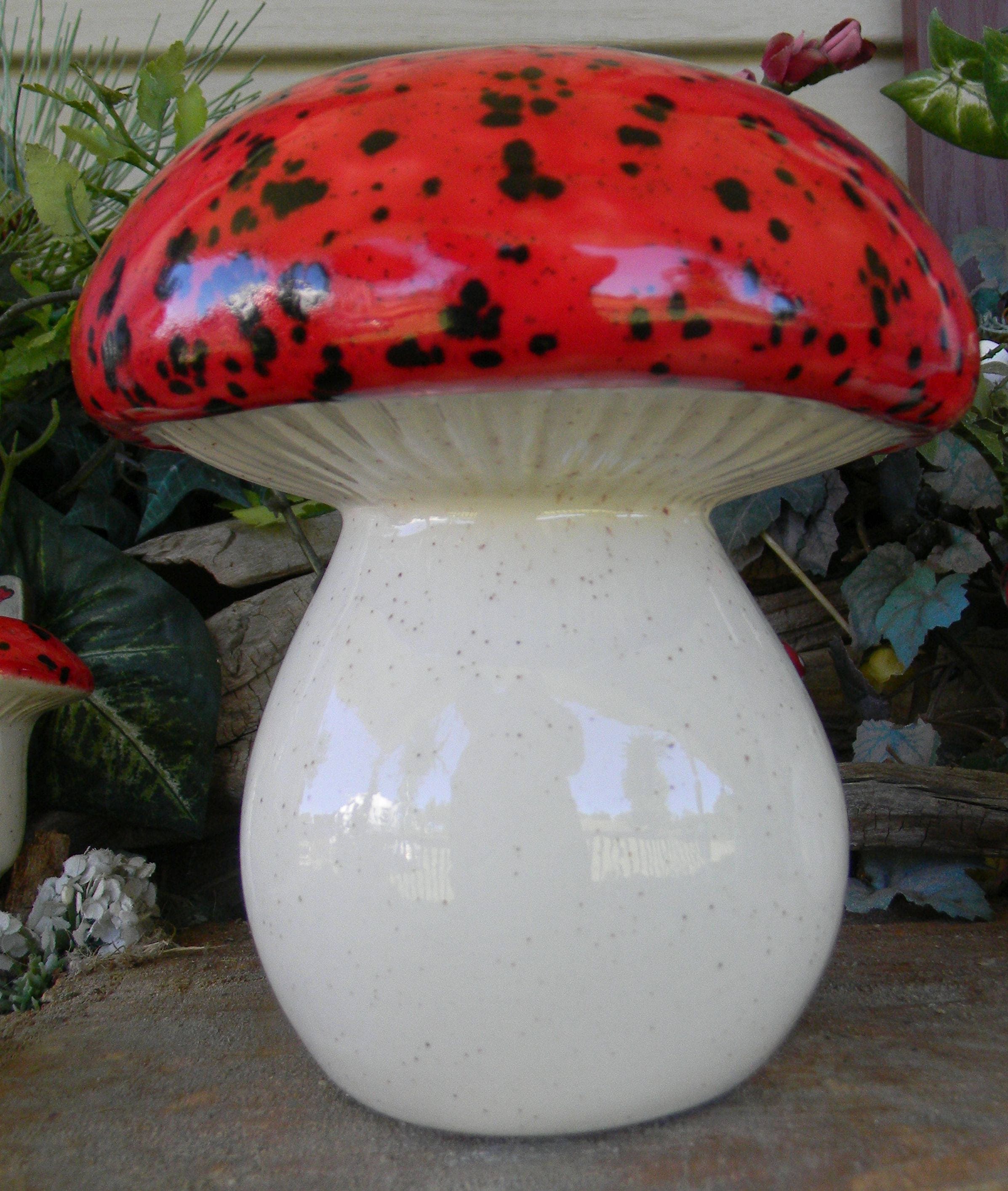 Ceramic MUSHROOM Statue Large Red & Black Crystal OOAK