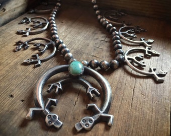 Vintage silver turquoise naja squash blossom necklace with Yei symbol, Southwestern Old Pawn, Native American squashblossom, Indian jewelry