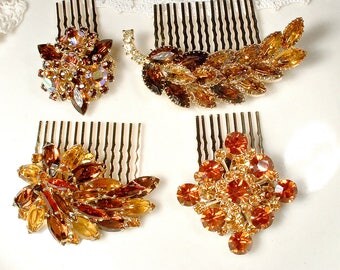 OOAK Autumn Wedding Hair Combs, 1 Vintage Topaz & Brown Rhinestone Gold Bridal Hairpiece/Bridesmaid Gifts Rustic Chic Country Fall Headpiece