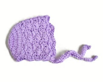 Crochet Baby Hat Bonnet Beanie PURPLE Lilac Color with Ties at Chin, Gift For Baby Girl 0-3 mo SALE