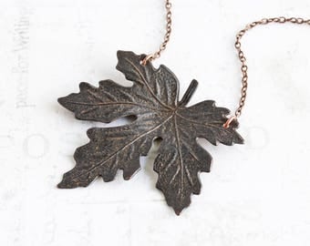 Black Leaf Pendant, Maple Leaf Necklace, Rusty Black Leaf Necklace on Antiqued Copper Plated Chain, Autumn Necklace, Fall Jewelry (40mm)