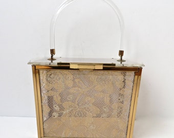 Vintage 1950's/Gold Lace Lucite Purse/Majestic/50's Clear Lucite Box Purse/Lucite Handle