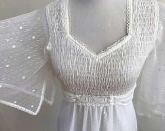 Vintage 1970s Boho Chic White Maxi Dress // Jody T of California // Size Small // Long Skirt Empire Waist Gauzy Sleeves Smocked Bodice