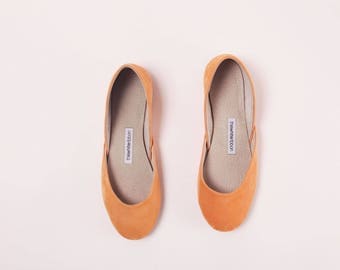 Handmade Leather Ballet Flats | Pastel Orange Suede | Ballet Flats | Ready to Ship