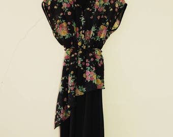 Vintage 80s Black and Rainbow Floral Dress Cute Summer with Y