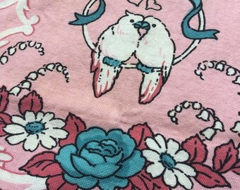 vintage leacock anniversary tea towel lovebirds 1950s