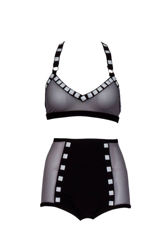 Black Stud Mesh High Waisted Panties