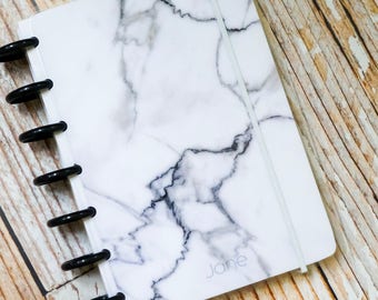 White Marble Personalized Discbound Journal Notebook with choice of Dot Grid, Graph, or Lined Pages | Custom Bullet Journal