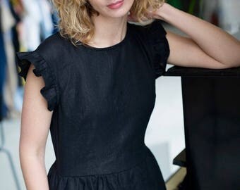 Black Linen Dress With Ruffled Sleeves - Black Dress with Ruffled Sleeves - Black Linen Dress - Ruffled Sleeves Dress - Handmade by OFFON