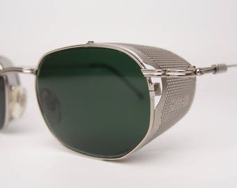 Rare NOS Vintage Hoseki Mod 123 Small Sunglasses Italy Made Rectangular Silver Metal Perforated Side Shields Steampunk Industrial Unique 90s