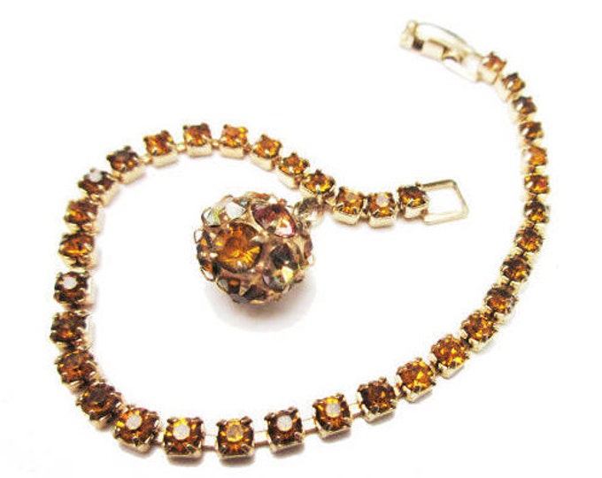 Weiss Rhinestone Bracelet - Tennis Bracelet - Amber crystal - Gold metal - with ball charm
