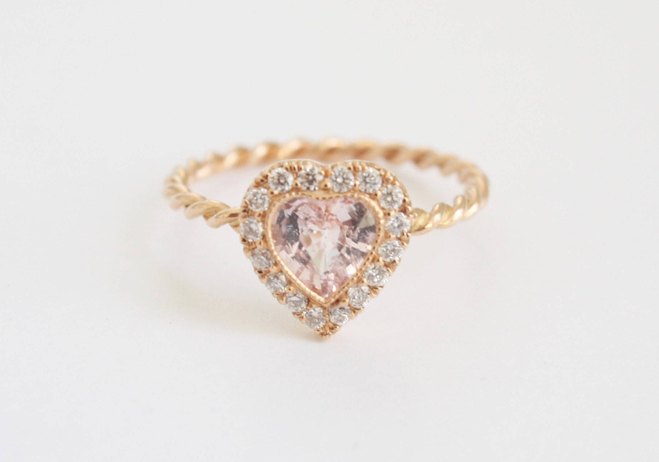 Heart Shaped Light Pink Sapphire Diamond Halo Ring in 14K Rose