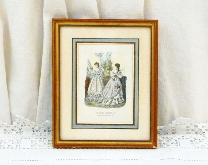 Antique French Framed Colored Engraving Picture from " La Mode Illustrée" in Gold Gilt Frame, Victorian Era Fashion, Napoleaon 3 Dress