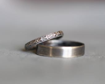 BECCA: Wedding Rings, Set, Wedding Bands, Sterling Silver, Botanical, Modern, Minimalist, His and Hers, Rustic, Bohemian, Made To Order