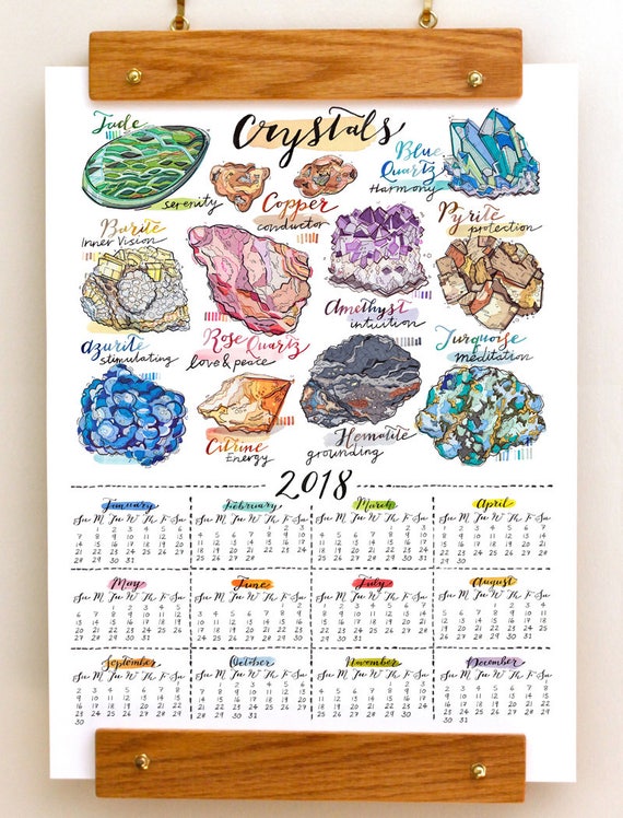 2018 wall calendar. Gemstones. Healing crystals. Home decor.