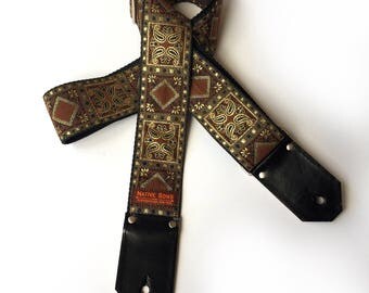 The Hazel Guitar Strap- Metallic gold with brown bronze motif, espresso brown leather ends, custom leather, acoustic, bass, electric guitar
